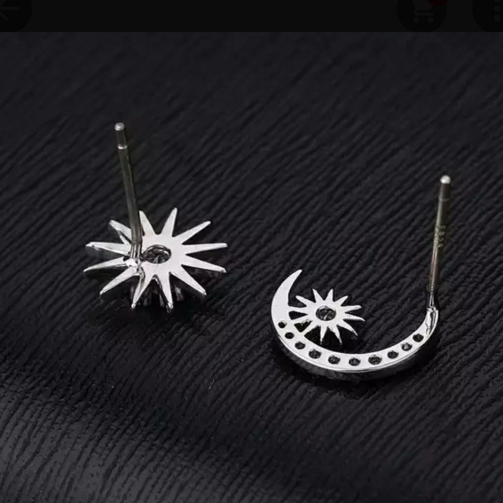 Silver Diamond Dainty Moon Shining Star Earrings - Picture 4 of 4